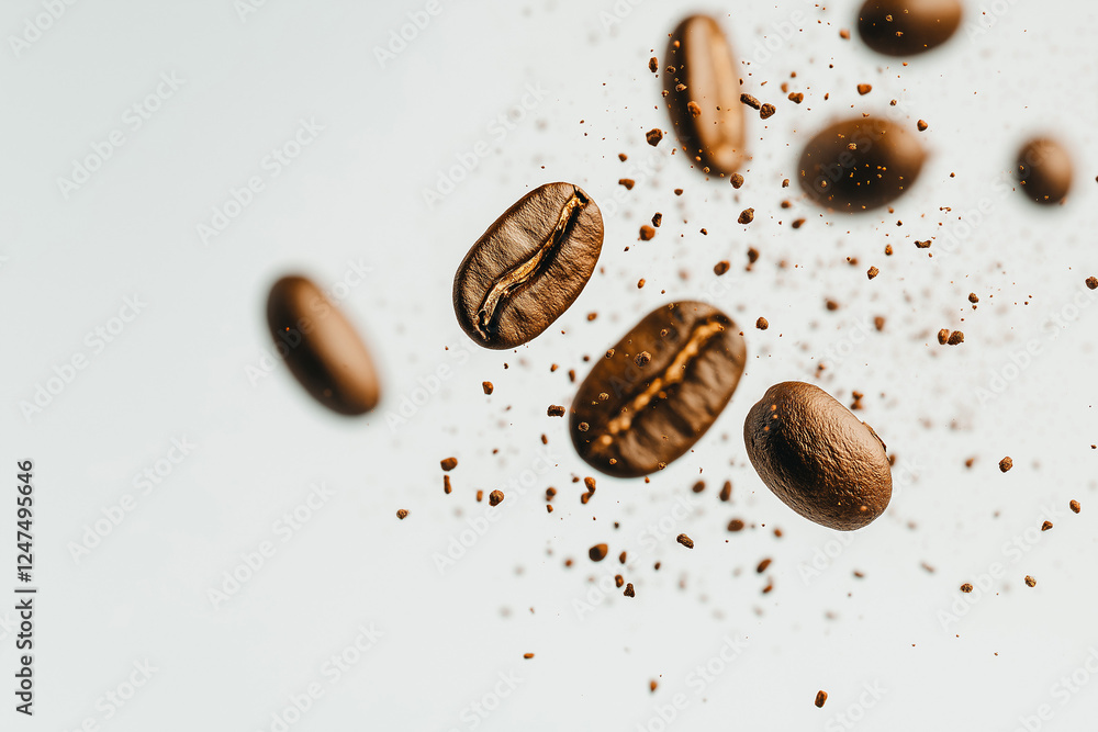 Kaffeebohnen in der Luft mit einem Hauch von gemahlenem Kaffee
Kaffeebohnen in der Luft mit einem Hauch von gemahlenem Kaffee