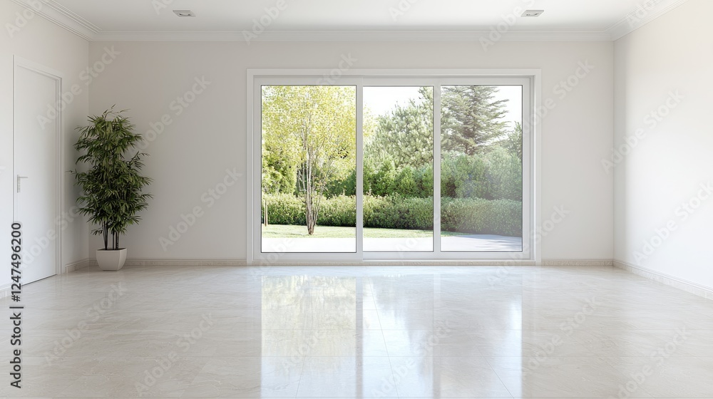 Fototapeta premium Modern empty room, garden view, sunlight, interior design