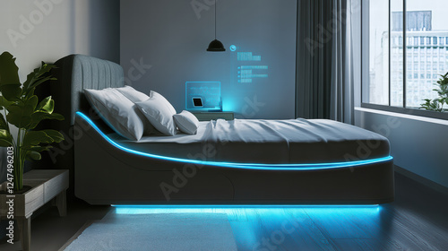 modern bedroom featuring smart bed with adjustable firmness and ambient lighting. sleek design and technology create calming atmosphere, perfect for relaxation photo