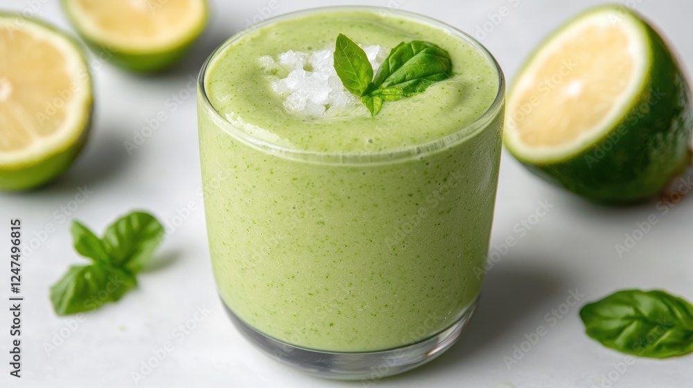 Refreshing lime basil smoothie, close-up shot Refreshing lime basil smoothie, close-up shot