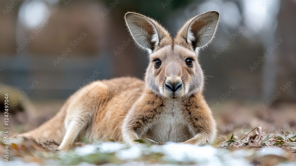 Red Kangaroo resting, snowy ground, blurred background, wildlife photography Red Kangaroo resting, snowy ground, blurred background, wildlife photography