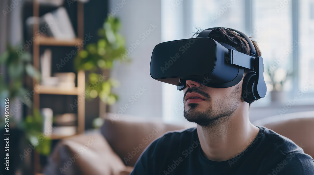 man wearing virtual reality headset in modern home office, immersed in digital experience. cozy environment features plants and natural light, enhancing atmosphere man wearing virtual reality headset in modern home office, immersed in digital experience. cozy environment features plants and natural light, enhancing atmosphere