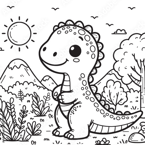Simple clean lineart, coloring page for children: Cute fairytale dinosaur with nature background