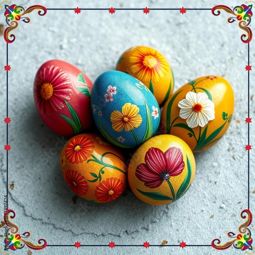 Vibrant painted easter eggs on textured background with colorful borders and artistic design perfect for seasonal celebrations and creative projects easter border border easter spring decoration backg photo