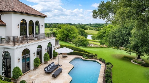 country style modern texas home with pool and patio overlooking lush countryside landscape 