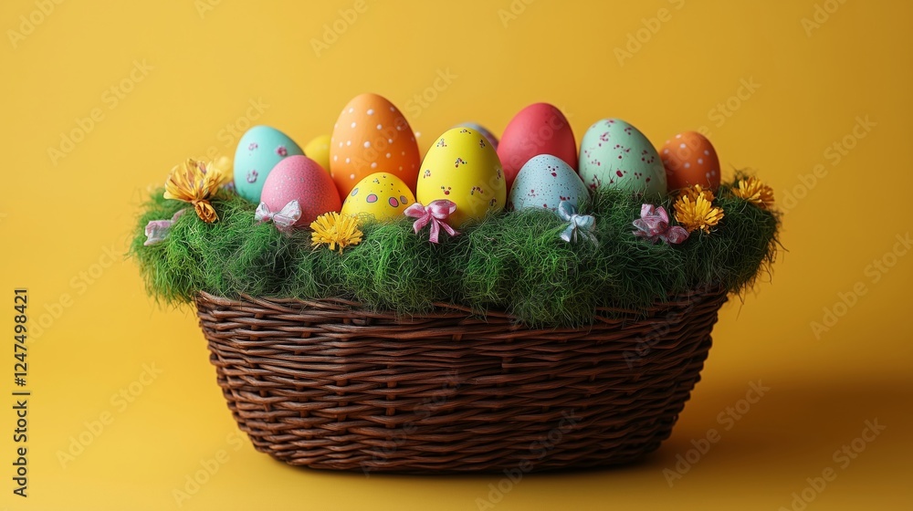 Colorful Easter Eggs in a Basket Surrounded by Spring Flowers Colorful Easter Eggs in a Basket Surrounded by Spring Flowers