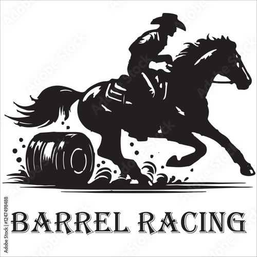 Black and white vector flat illustration: Barrel racing western horse and rider silhouette	