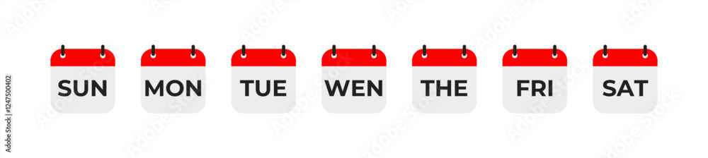 Calendar icons. Calendar with week days. Set of calender icons with seven days week. Graphic pictogram for daily schedule, reminder, event and agenda. Vector 10eps. Calendar icons. Calendar with week days. Set of calender icons with seven days week. Graphic pictogram for daily schedule, reminder, event and agenda. Vector 10eps.