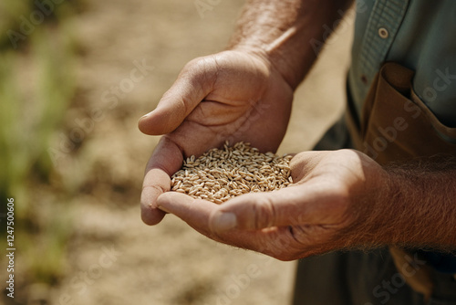 Farmer inspects wheat grains in his hands photo