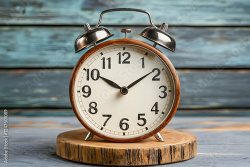 Vintage alarm clock on wood, time concept photo