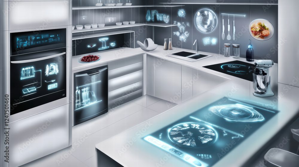 modern kitchen featuring automated appliances and touchless technology, showcasing sleek design and futuristic interfaces for cooking and food preparation modern kitchen featuring automated appliances and touchless technology, showcasing sleek design and futuristic interfaces for cooking and food preparation