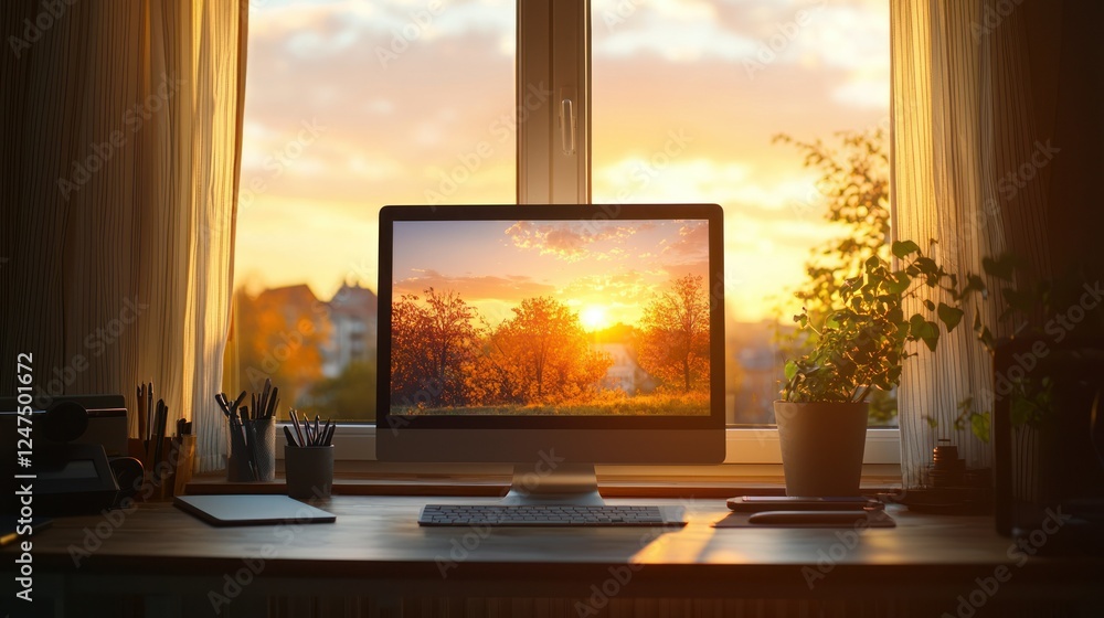Fototapeta premium Autumn sunset on computer screen, home office, window view