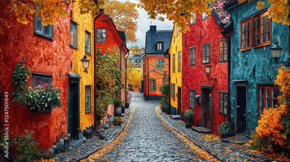 Fototapeta premium Vibrant autumn street lined with colorful houses and falling leaves.