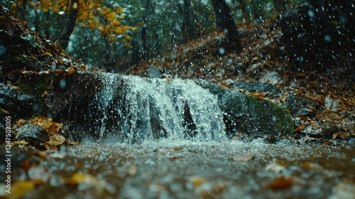 Wallpaper Mural Autumn waterfall in forest, rain, nature scene, background Torontodigital.ca