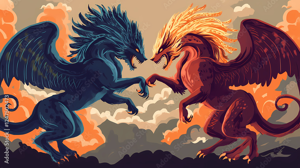 Epic duel: a fight between mythical beasts. Mythical Beasts. Illustration Epic duel: a fight between mythical beasts. Mythical Beasts. Illustration