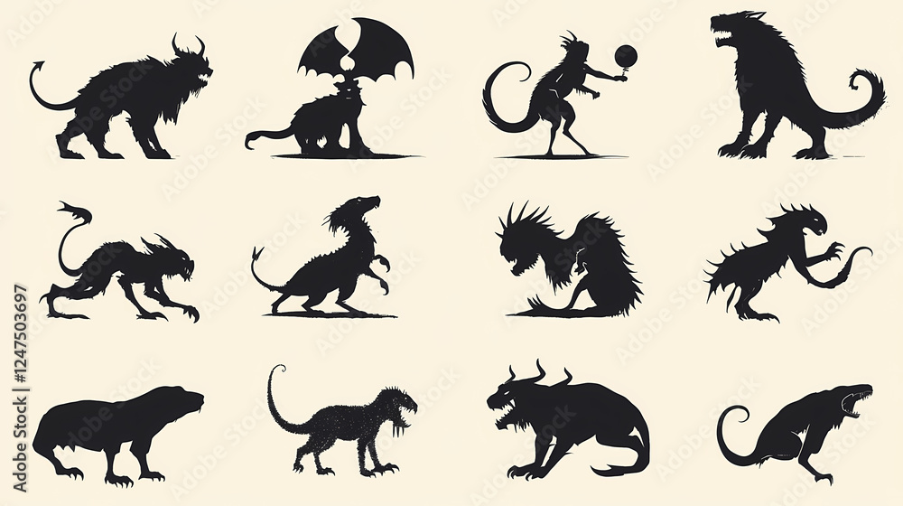Obraz premium Mythical beasts: creature silhouettes. Mythical Beasts. Illustration