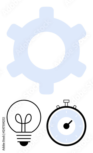 Gear light bulb and stopwatch symbolize essential themes creativity, innovation, productivity, efficiency, mechanics, brainstorming, and time management. Ideal for startups, business strategies