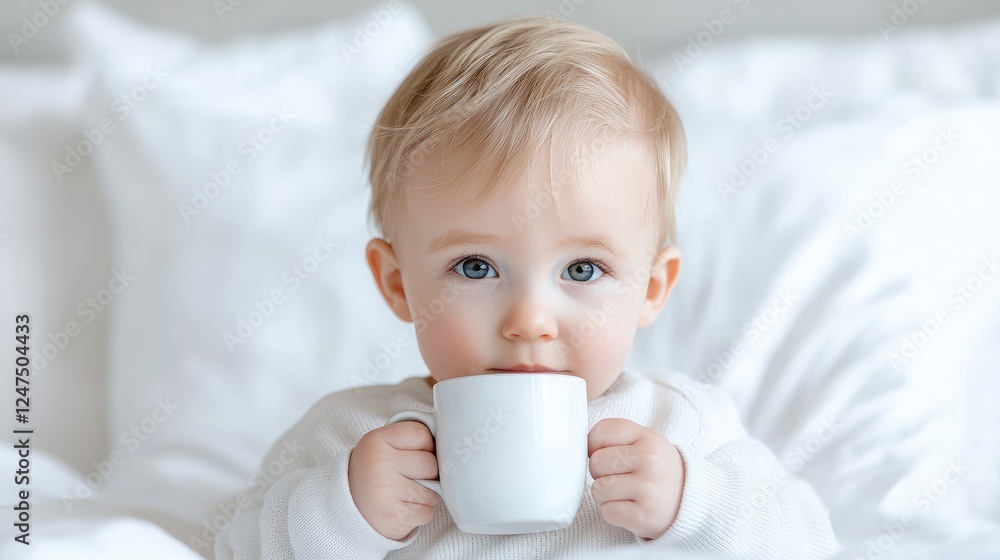 Baby drinks from mug in bed, white bedding Baby drinks from mug in bed, white bedding