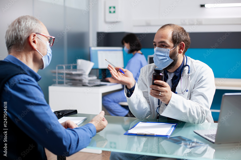 Doctor sits with pensioner patient at desk, explaining medication and health benefits during checkup. Young physician hold pills bottle and provides advice to retired man on improving his recovery. Doctor sits with pensioner patient at desk, explaining medication and health benefits during checkup. Young physician hold pills bottle and provides advice to retired man on improving his recovery.