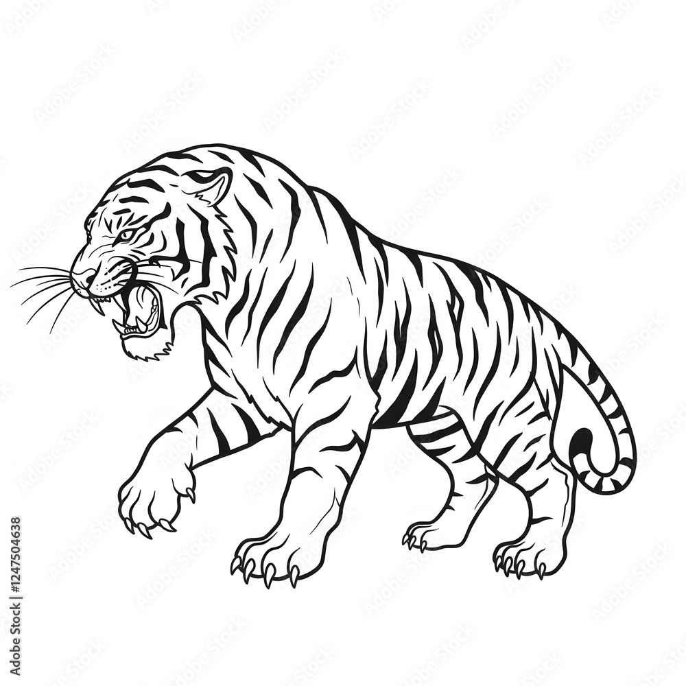 Obraz premium Black and White Roaring Tiger Illustration
