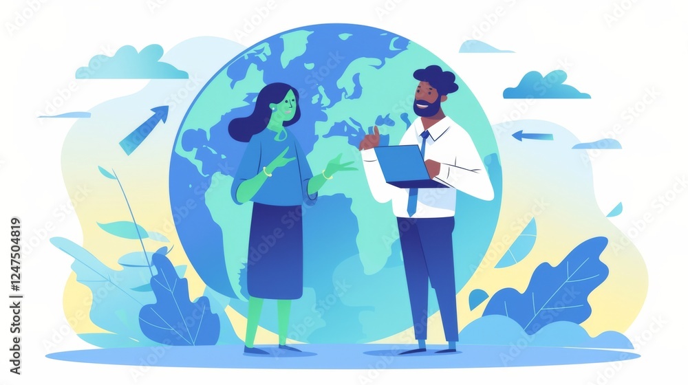A flat vector illustration featuring two people standing next to each other with their hands on a computer screen. A flat vector illustration featuring two people standing next to each other with their hands on a computer screen.