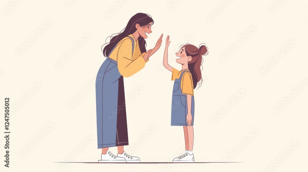 A girl in overalls stands next to her mother, both smiling and waving at the camera. A girl in overalls stands next to her mother, both smiling and waving at the camera.