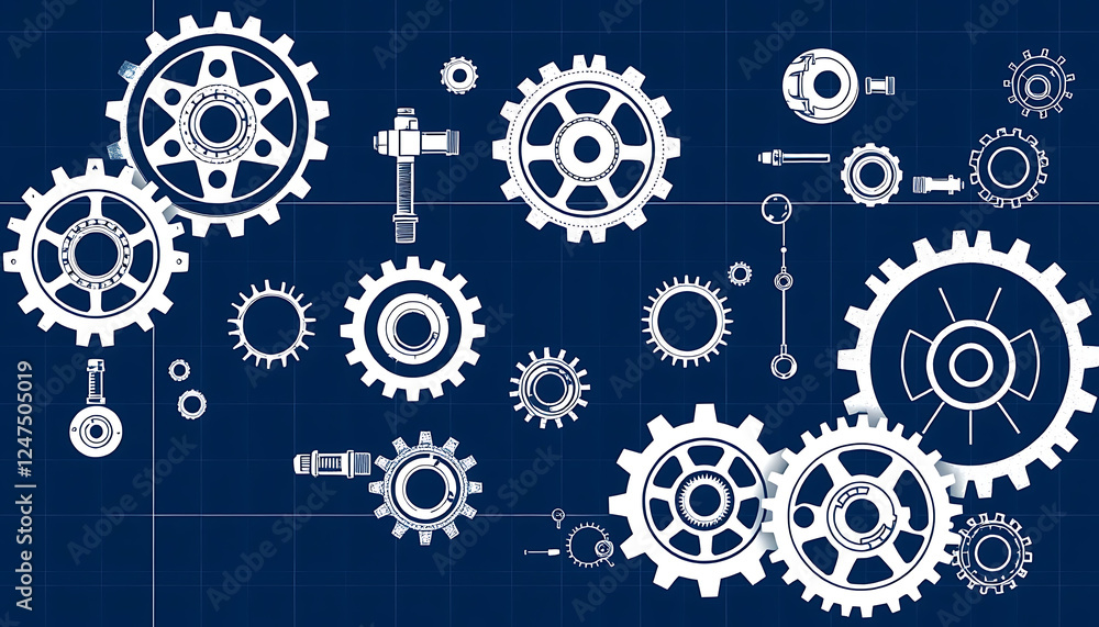 Dark blue background with intricate white technical drawings of gears, bolts and mechanical components, Dark blue background with intricate white technical drawings of gears, bolts and mechanical components,
