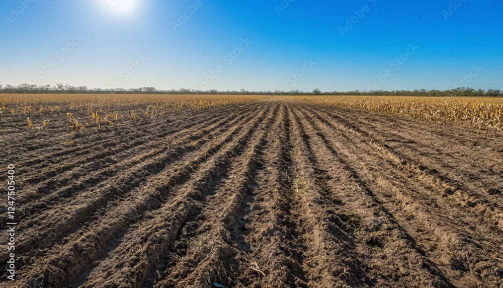 Parched cornfield under bright sky shows effects of drought in agricultural landscape Parched cornfield under bright sky shows effects of drought in agricultural landscape