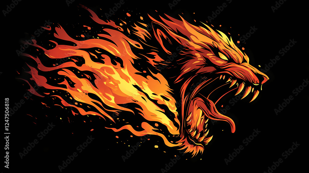 A fiery, mythical beast roaring in rage, with flames erupting from its mouth and molten lava pooling beneath its massive claws. Mythical Beasts. Illustration A fiery, mythical beast roaring in rage, with flames erupting from its mouth and molten lava pooling beneath its massive claws. Mythical Beasts. Illustration