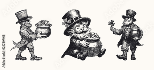 leprechauns with pots of gold set illustration hand drawn different poses sketch traditional attire top hat buckled shoes shamrock clover St. Patrick's Day Irish folklore luck fortune design