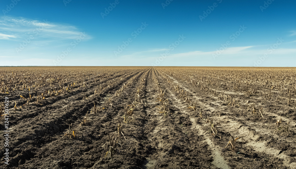 Parched cornfield under bright sky shows effects of drought in agricultural landscape