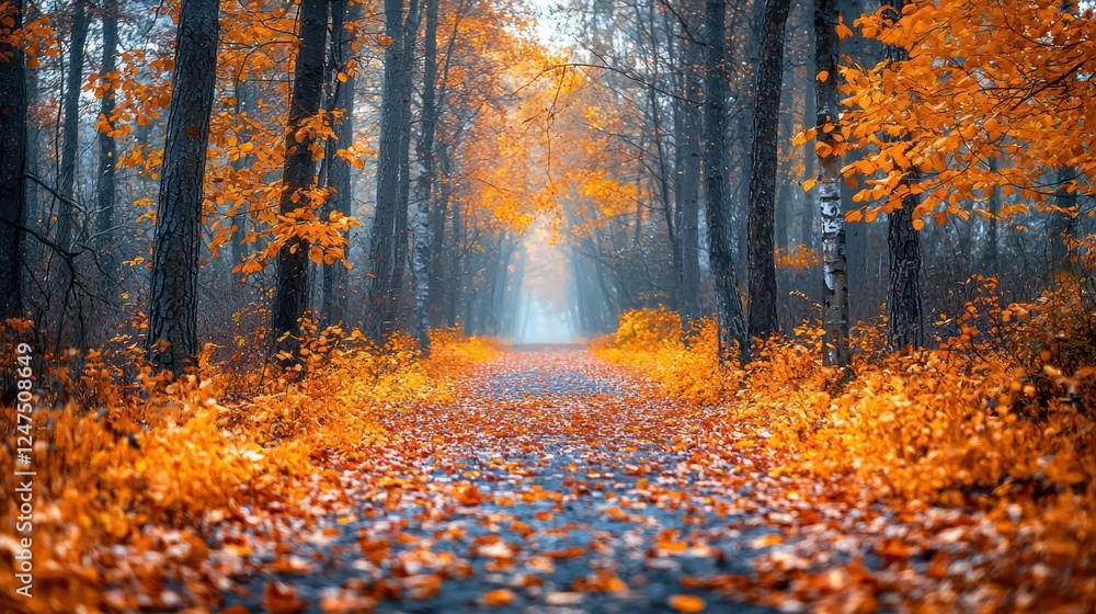 Autumnal path through misty forest, golden leaves Autumnal path through misty forest, golden leaves