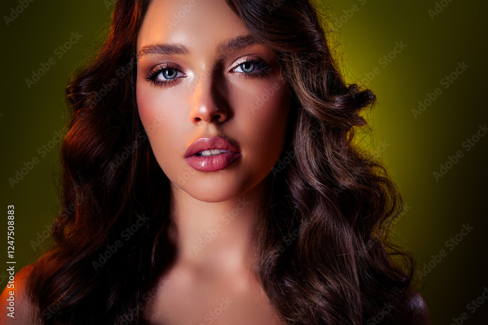 Fototapeta premium Close-up portrait of a glamorous young woman with elegant hairstyle and vibrant makeup on a dark green background