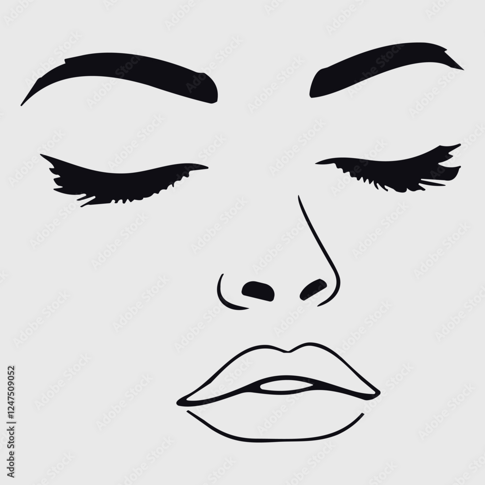 Stylized black and white illustration of a serene female face with closed eyes and emphasis on eyebrows and lips Stylized black and white illustration of a serene female face with closed eyes and emphasis on eyebrows and lips
