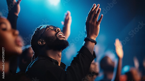 Joyful worshippers raising hands in praise during a spiritual gathering with dramatic lighting. Hands lifted in prayer
 photo