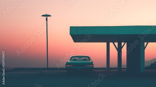 Classic car sunset desert gas station road trip