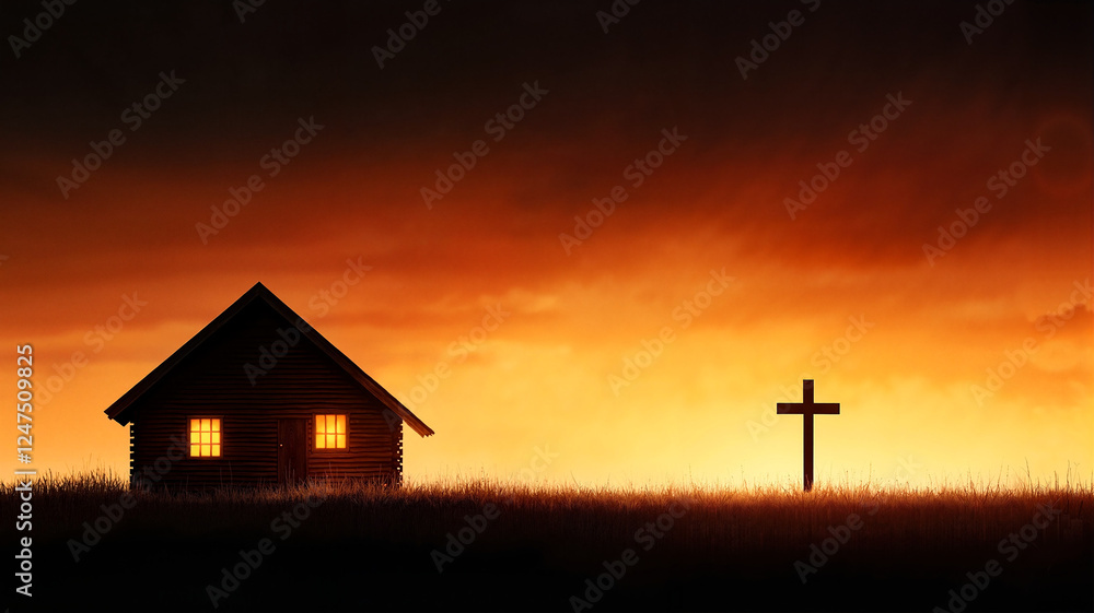 custom made wallpaper toronto digitalSilhouette of house and cross at sunset with warm colors and copy space