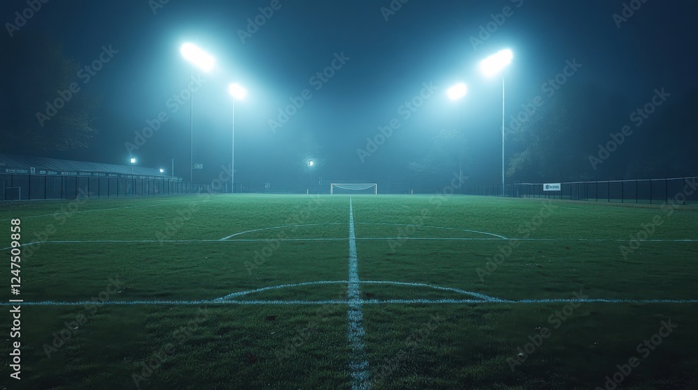 Illuminated soccer field at night with bright stadium lights and fog Illuminated soccer field at night with bright stadium lights and fog