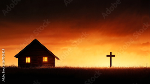 Wallpaper Mural Silhouette of house and cross at sunset with warm colors and copy space Torontodigital.ca