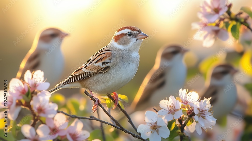 Four birds sit on a branch of a flowering tree on a warm spring morning, illuminated by soft sunlight backlight. Four birds sit on a branch of a flowering tree on a warm spring morning, illuminated by soft sunlight backlight.