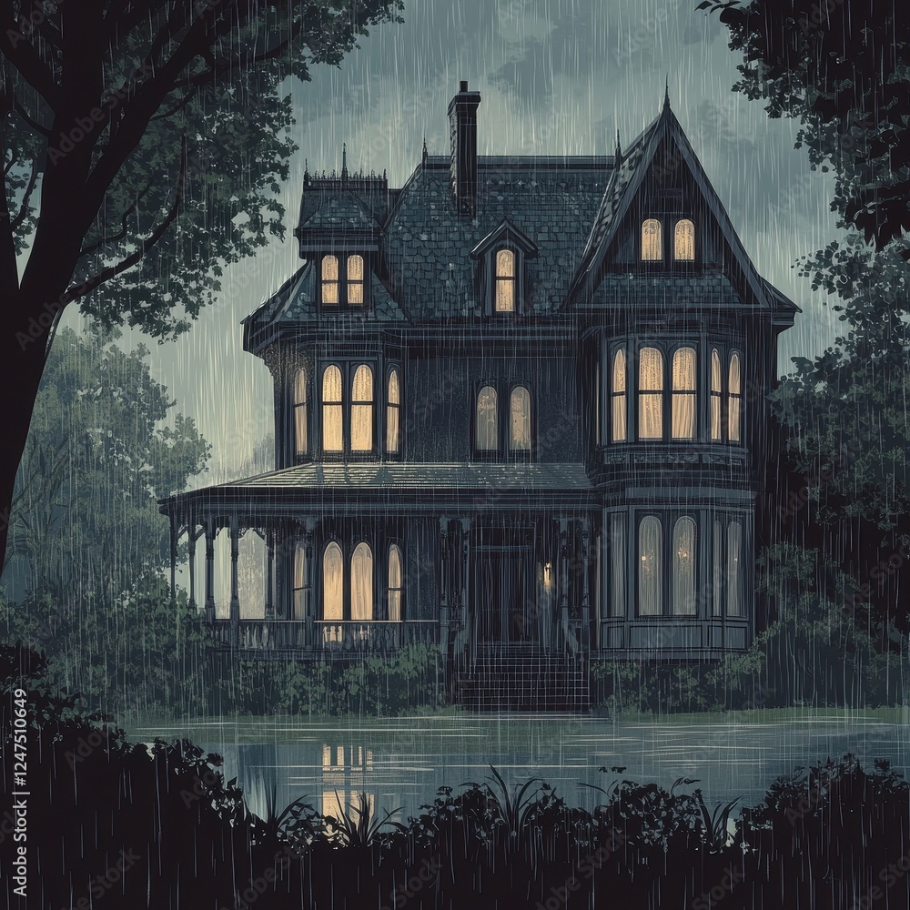 Victorian house stands in the pouring rain with lighted windows Victorian house stands in the pouring rain with lighted windows