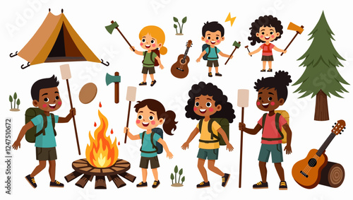 Camping equipment and characters. Hiking, backpacking people and tourists tools, bonfire, tent, guitar and axe flat vector illustration set. Outdoor camping supplies