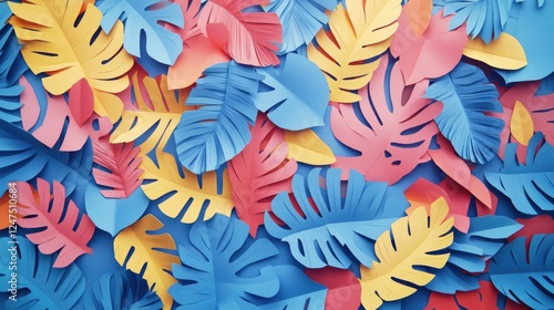 A vibrant arrangement of colorful paper leaves in blue, pink, and yellow.