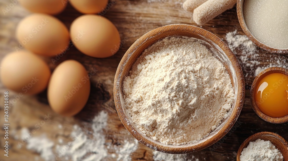 Baking ingredients flour, eggs, sugar, rustic wood Baking ingredients flour, eggs, sugar, rustic wood