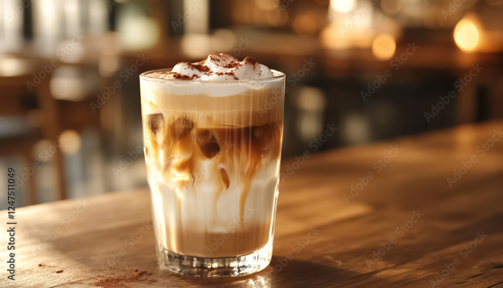 Creamy iced coffee drink served in a clear glass highlighting layers and toppings in a cozy cafe setting Creamy iced coffee drink served in a clear glass highlighting layers and toppings in a cozy cafe setting