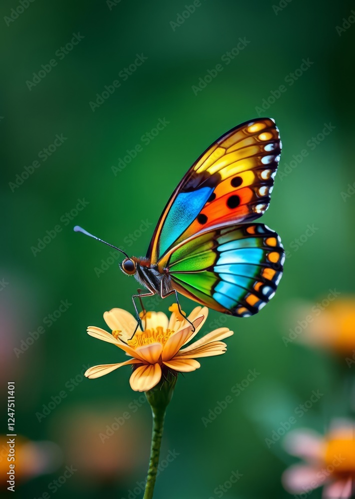 Fototapeta premium A detailed macro shot of a colorful butterfly perched on a flower bokeh green bokeh green abstract background light bright blur pattern