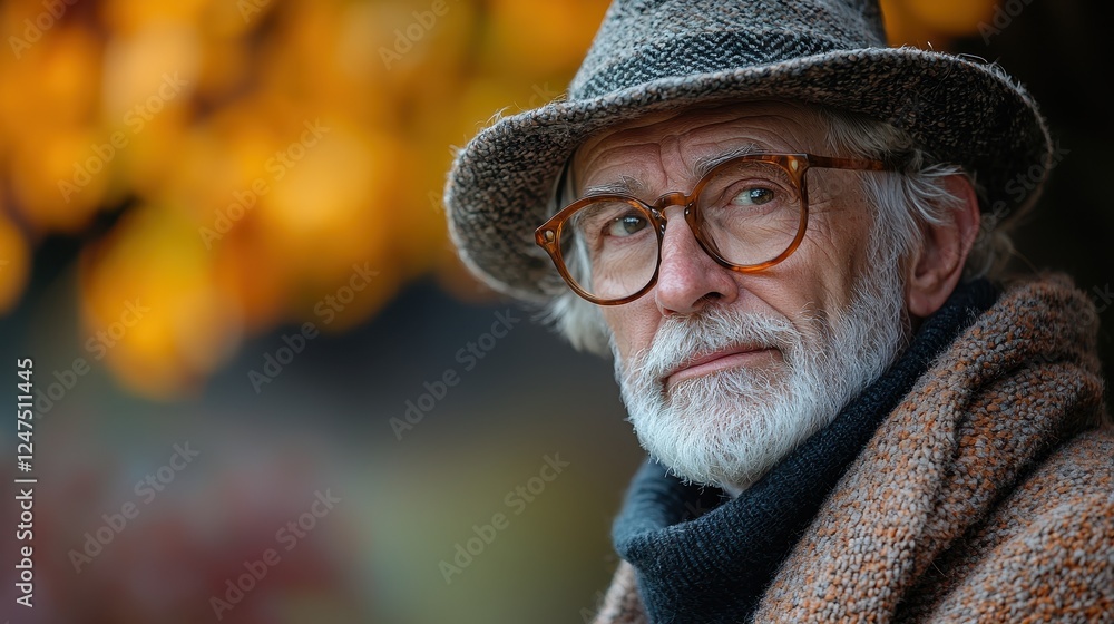 A thoughtful elderly man in a cozy setting with autumn foliage. A thoughtful elderly man in a cozy setting with autumn foliage.