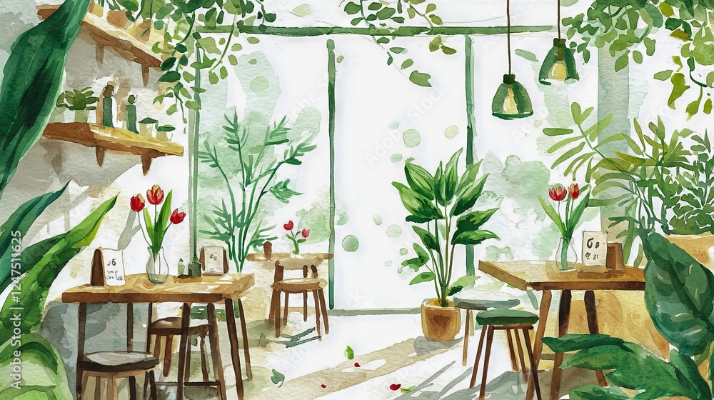 Fototapeta premium Watercolor Art of an Eco-Friendly Cafe with Minimalist Design. Concept of Sustainable Living, Green Interior Spaces