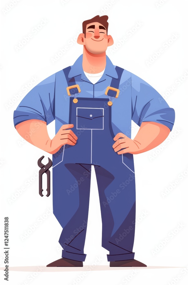 A man in blue overalls stands with his hands on his waist, smiling and holding a wrench at chest level A man in blue overalls stands with his hands on his waist, smiling and holding a wrench at chest level