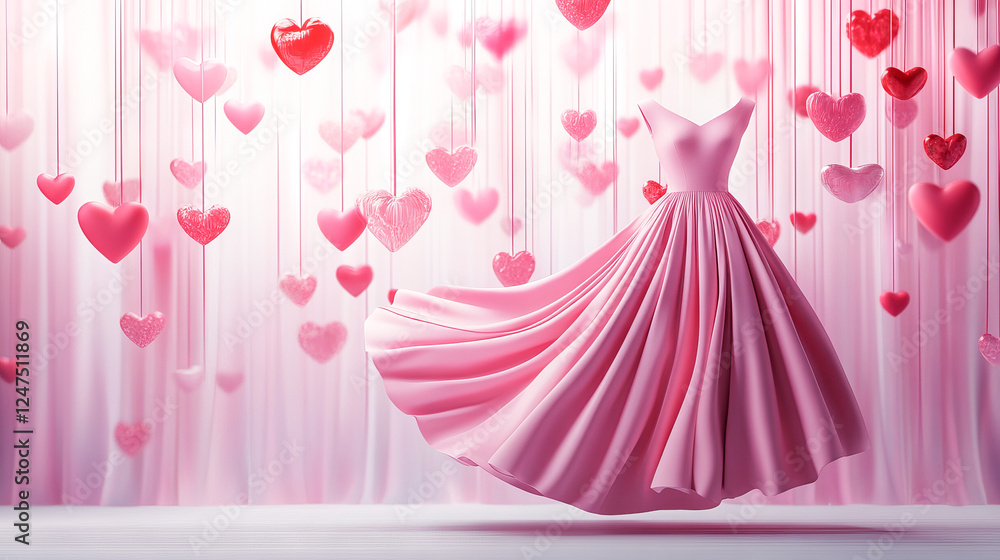Fototapeta premium Elegant Pink Evening Gown with Flowing Skirt and Heart Decorations Concept of Fashion Style Romantic Beauty
